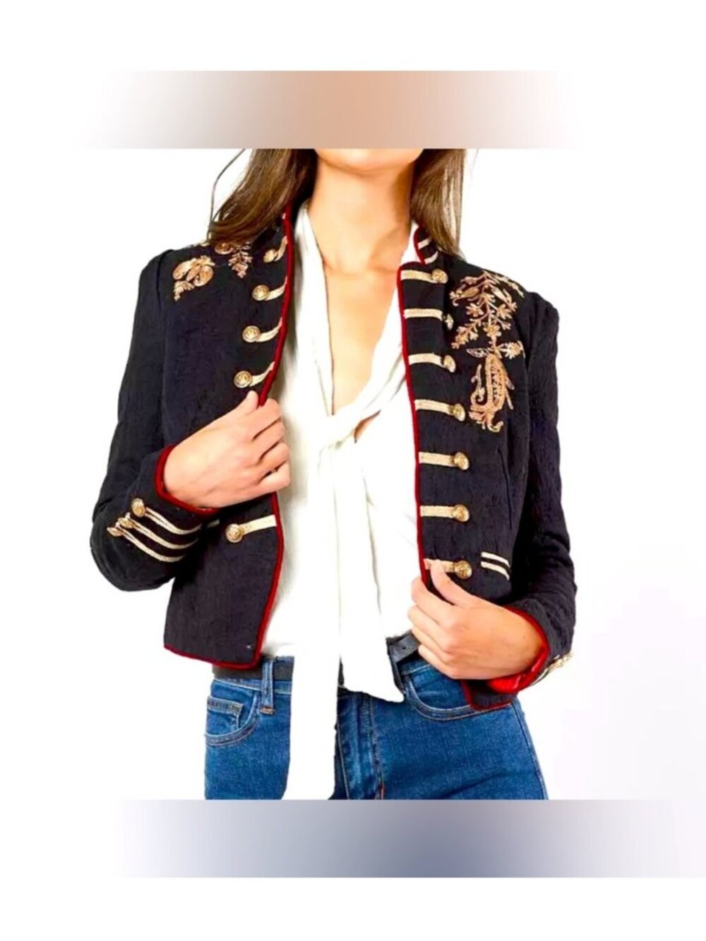 Free People Lauren Band Jacket Black Gold Embroidered Military Women's M